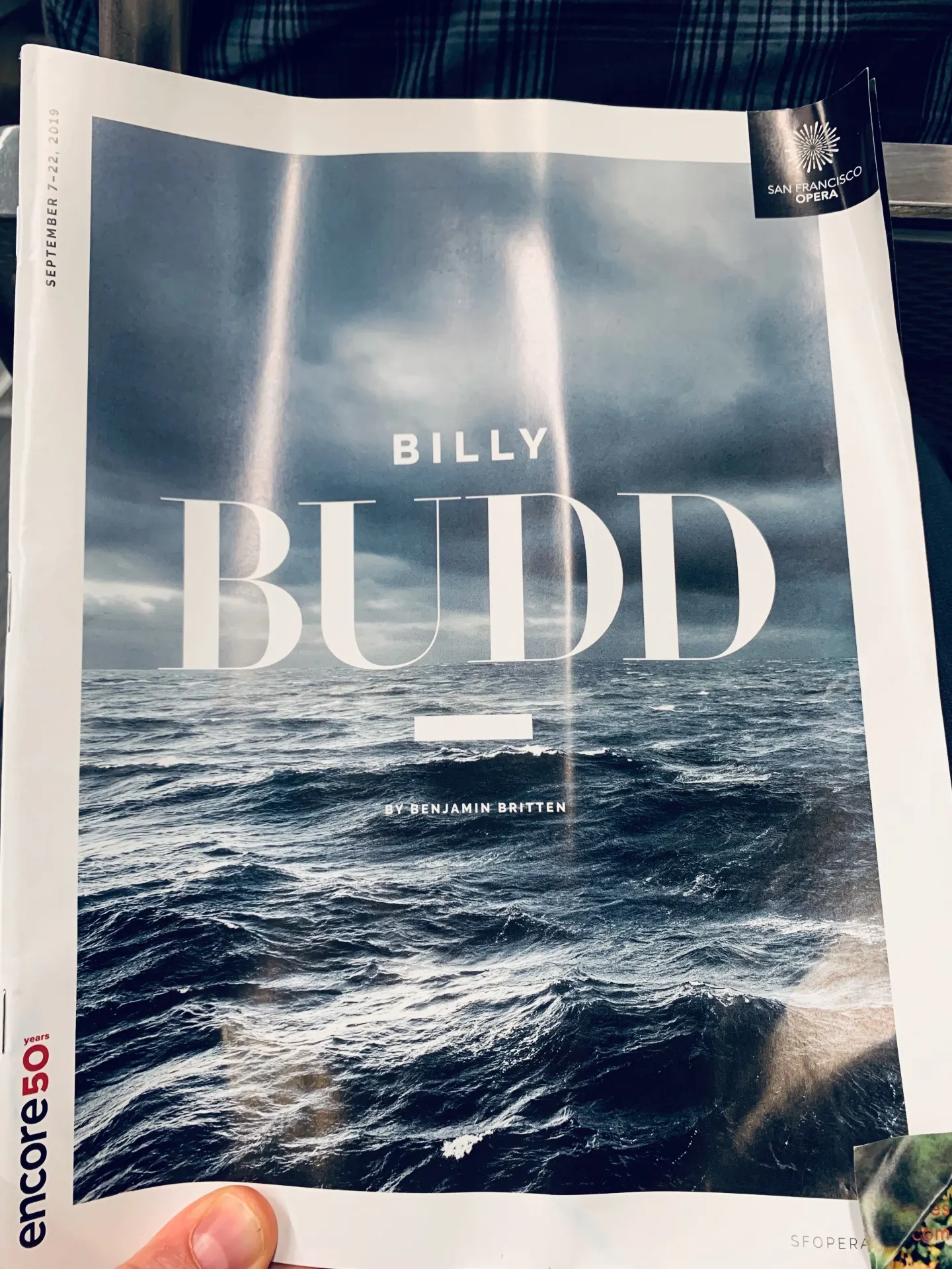 San Francisco Opera Encore program for Billy Budd, September 2019, cover showing dark sea and sky