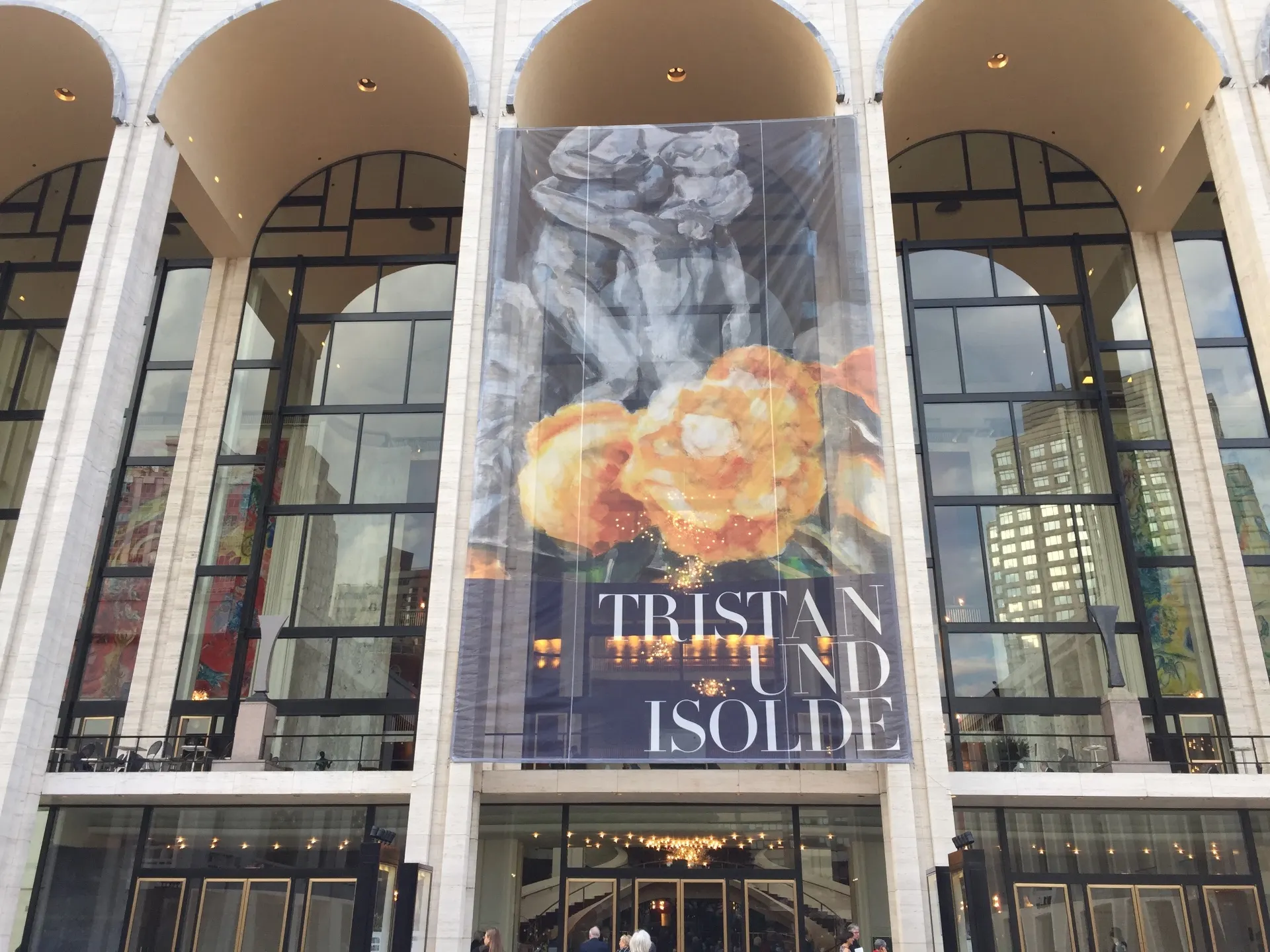 Tristan und Isolde banner hung between the arches of the Metropolitan Opera House