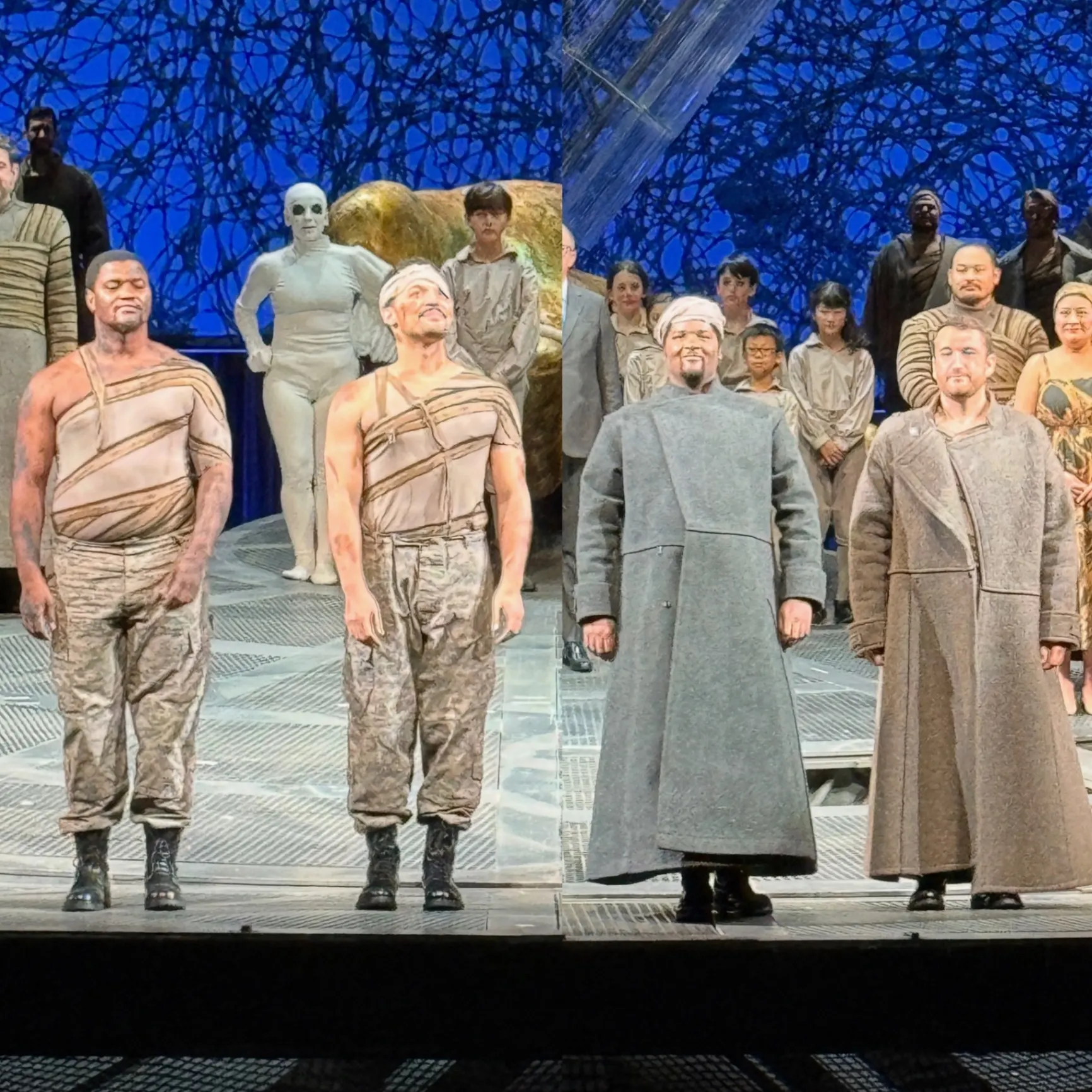 Diptych of HGO Parsifal curtain call — left: two bare-chested grail attendants in bandages on a metal disc; right: two robed knights bowing before the chorus