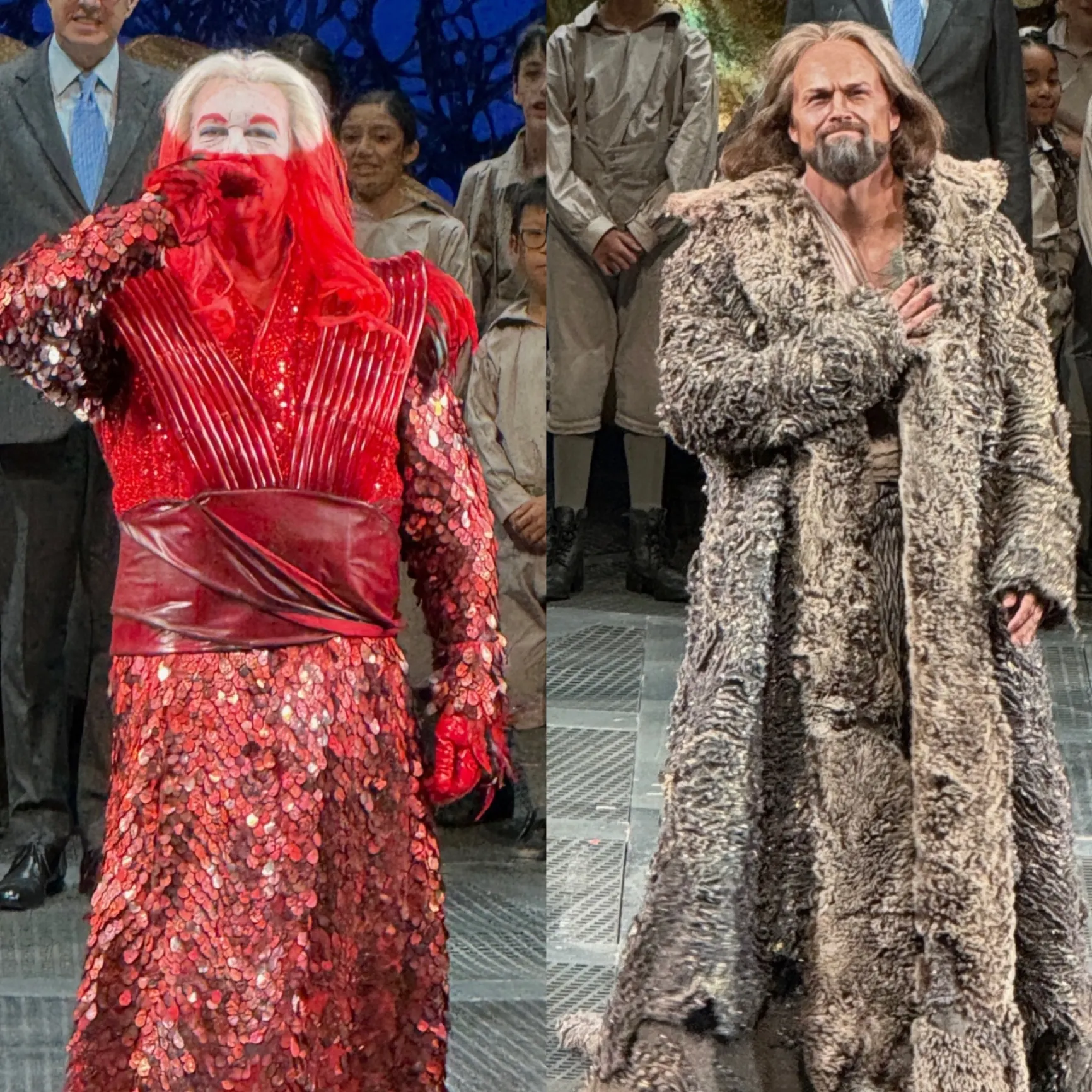 Diptych — left: Kundry in a red sequined scale-mail gown with a red veil at her face; right: Gurnemanz in a long shaggy fur coat with hand over heart