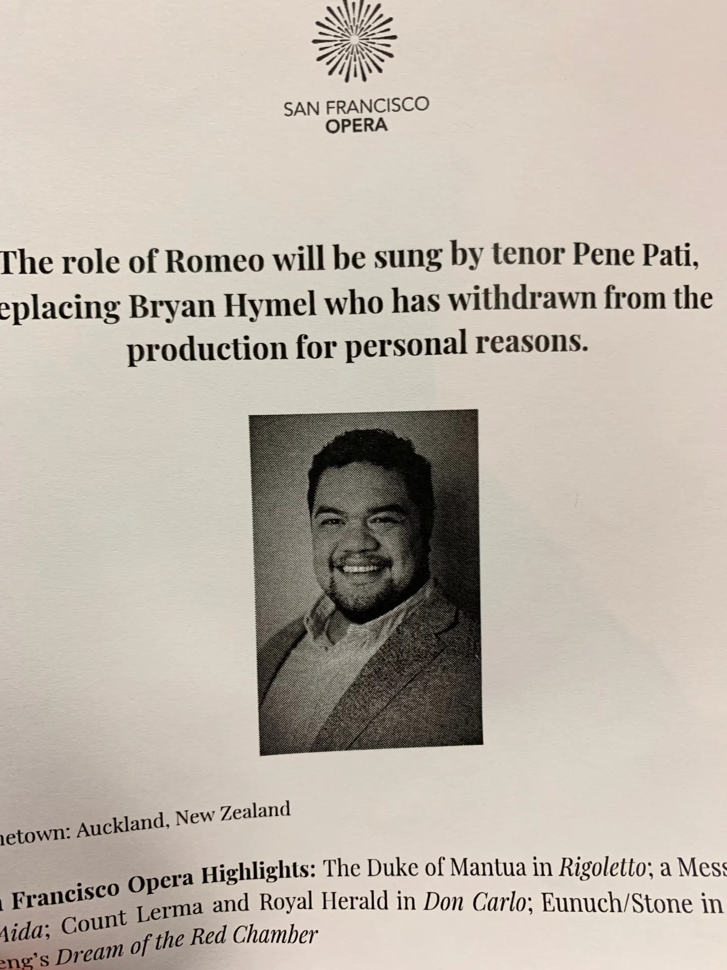 Program insert announcing tenor Pene Pati replacing Bryan Hymel as Romeo