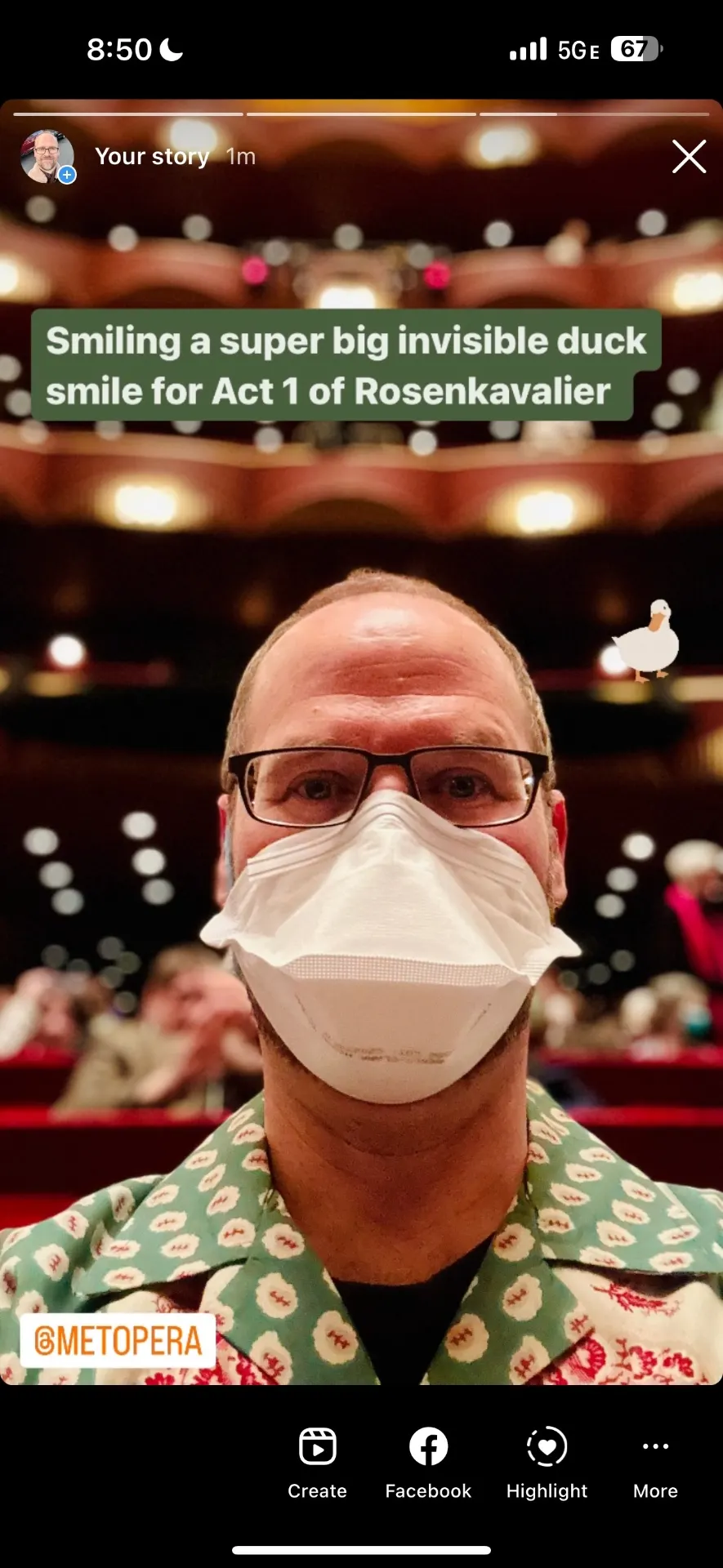 Selfie in an N95 mask from a Met Opera balcony before Act 1 of Der Rosenkavalier, with a social caption: 'Smiling a super big invisible duck smile for Act 1 of Rosenkavalier'